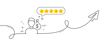 Salary line icon. Continuous line with share plane. Business wages sign. Cash money bribe symbol. Five star rate review in speech bubble. Salary single line ribbon. Loop curve pattern. Vectorのイラスト素材