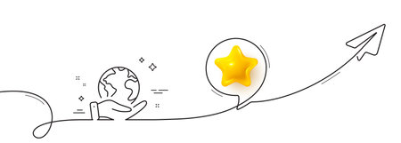 Global business line icon. Continuous line with share plane. Save planet sign. Internet marketing symbol. 3d star in speech bubble. Save planet single line ribbon. Loop curve pattern. Vectorのイラスト素材