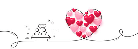 Employees talk line icon. Continuous line big heart. Collaboration sign. Development partners symbol. 3d hearts in heart shaped loop. Employees talk single line ribbon. Loop curve pattern. Vectorのイラスト素材