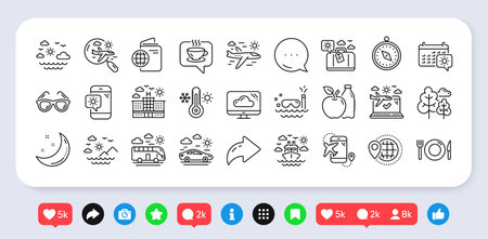 Travel line icons. Social media: share, comment, like icons. Passport, Check in airport, Luggage icons. Airplane flight, Sunglasses, Hotel building. Passport check in document, Sea diving. Vectorのイラスト素材