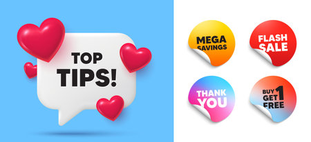 Top tips speech bubble, sticker tags. Get free, Flash sale stickers. Top tips tag. Education faq sign. Best help assistance. Thank you tag. 3d hearts chat bubble. Vectorのイラスト素材