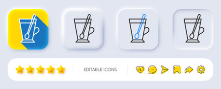 Cup with spoon line icon. Neumorphic, Flat shadow, 3d buttons. Fresh beverage sign. Latte or Coffee symbol. Line tea mug icon. Social media icons. Vectorのイラスト素材