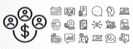 Dollar exchange, Currency rate and Sales diagram line icons for web app. Glare of light effect. Message icon. Pack of Stress, Contactless payment, Analytical chat pictogram icons. Vectorのイラスト素材