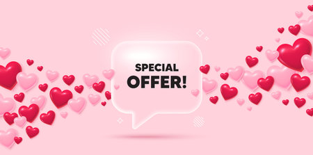 Special offer glass speech bubble. 3d hearts pink background. Special offer tag. Sale sign. Advertising Discounts symbol. Valentines day greeting card. Flying hearts. Vectorのイラスト素材