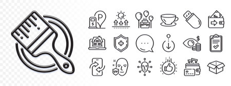 Open box, Medical shield and Realtor line icons for web app. Glare of light effect. Message icon. Pack of Face biometrics, Scroll down, Brush pictogram icons. Vectorのイラスト素材