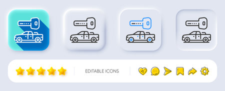 Car key line icon. Neumorphic, Flat shadow, 3d buttons. Rent transport sign. Buy new vehicle symbol. Line car key icon. Social media icons. Vectorのイラスト素材