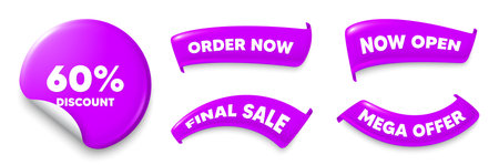 Discount purple sticker, Sale offer ribbons. Final sale, Order now. 60 percent discount tag. Sale offer price sign. Special offer symbol. Sticker badge. Flag ribbon banners. Vectorのイラスト素材
