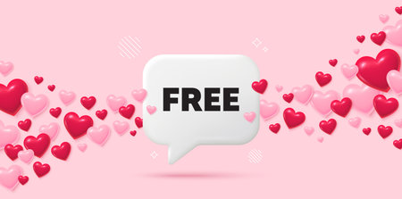 Free chat speech bubble. 3d hearts pink background. Free tag. Special offer sign. Sale promotion symbol. Valentines day greeting card. Flying hearts. Vectorのイラスト素材