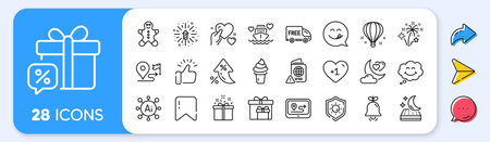 Love night, Smile and Gps line icons. Interest rate, AI generate, Inflation icons. Pack of Fireworks explosion, Yummy smile, Mattress icon. Honeymoon cruise, Special offer, Ice cream pictogram. Vectorのイラスト素材