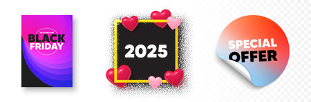 2025 photo frame 3d hearts. Special offer sticker banner. 2025 year icon. Event schedule annual date. 2025 annum planner. Black friday poster. Promo background. Vectorのイラスト素材