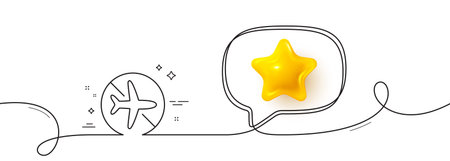 Flight mode line icon. Continuous line with 3d star. Airplane mode sign. Turn device offline symbol. 3d star in speech bubble. Flight mode single line ribbon. Loop curve pattern. Vectorのイラスト素材