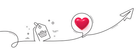 Shopping cart line icon. Continuous line with share plane. Customer sale tags sign. Supermarket purchases symbol. 3d heart in speech bubble. Sale tag single line ribbon. Loop curve pattern. Vectorのイラスト素材