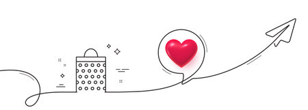 Shopping bag with circles line icon. Continuous line with share plane. Present or Sale sign. Birthday Shopping symbol. Package in Gift Wrap. 3d heart in speech bubble. Vectorのイラスト素材