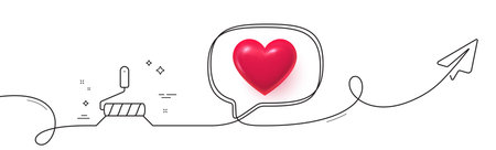 Paint roller line icon. Continuous line with share plane. Wall roll brush sign. Painter tool symbol. 3d heart in speech bubble. Paint roller single line ribbon. Loop curve pattern. Vectorのイラスト素材