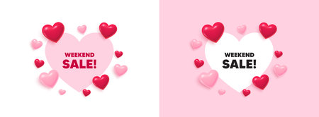Weekend sale heart shaped banner. 3d flying hearts. Weekend Sale tag. Special offer price sign. Advertising Discounts symbol. Valentines day greeting card. Cute 3d love hearts. Vectorのイラスト素材