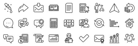Calculator alarm, Video conference and Time management line icons pack. Share, Message, Paper plane icons. Education, Finance calculator, Cyber attack web icon. Vectorのイラスト素材