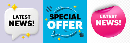 Latest news speech bubble. 3d sparkles chat, Paper sticker. Latest news tag. Media newspaper sign. Daily information symbol. Special offer bubble. Halftone dots pattern. Vectorのイラスト素材