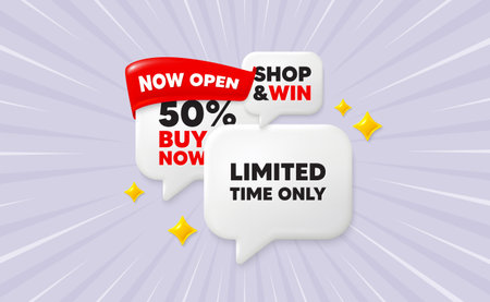 Limited time speech bubbles. Now open flag ribbon. Limited time tag. Special offer sign. Sale promotion symbol. Discount chat bubbles with 3d sparkles. Vectorのイラスト素材