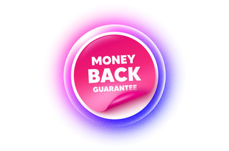 Money back guarantee sticker purple gradient. Paper offer price tag. Money back guarantee tag. Promo offer sign. Advertising promotion symbol. Sticker label. Grain dots effect. Vectorのイラスト素材