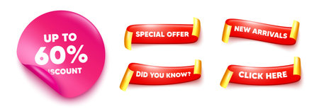 Discount tag sticker, offer ribbons. New arrivals, Click here. Up to 60 percent discount. Sale offer price sign. Special offer symbol. Save 60 percentages. Pink sticker tag. Vectorのイラスト素材