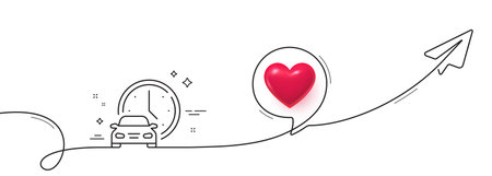 Book car line icon. Continuous line with share plane. Rental time service sign. Order transport symbol. 3d heart in speech bubble. Book car single line ribbon. Loop curve pattern. Vectorのイラスト素材