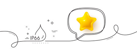 Waterproof line icon. Continuous line with 3d star. Water resistant ip66 sign. Drop protection symbol. 3d star in speech bubble. Waterproof single line ribbon. Loop curve pattern. Vectorのイラスト素材