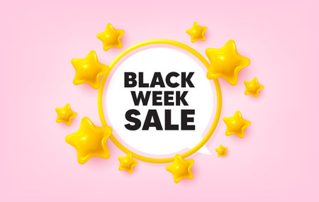 Black week frame banner. Speech bubble offer. Black week sale. Special discount sign. Black friday offer symbol. 3d stars glitter tag. Golden frame banner. Vectorのイラスト素材