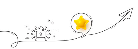 Security lock line icon. Continuous line with share plane. Cyber defence sign. Private protection symbol. 3d star in speech bubble. Security lock single line ribbon. Loop curve pattern. Vectorのイラスト素材