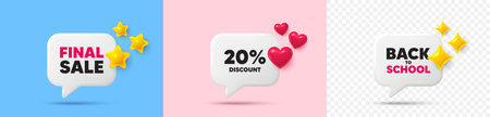 Discount chat speech bubble. 3d stars, sparkles, hearts chat bubbles. 20 percent discount tag. Sale offer price sign. Special offer symbol. Final sale, Back to school tag. Vectorのイラスト素材