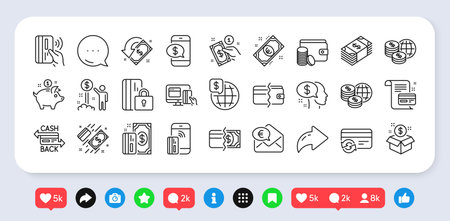 Money wallet line icons. Social media: share, comment, like icons. Contactless payment, Update credit card and Piggy bank linear icons. Online payment, Dollar exchange and Fast money send. Vectorのイラスト素材