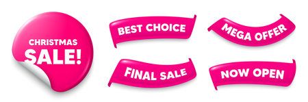 Christmas sale sticker, Sale offer ribbons. Best choice, Now open. Christmas Sale tag. Special offer price sign. Advertising Discounts symbol. Pink sticker tag. Flag ribbon banners. Vectorのイラスト素材