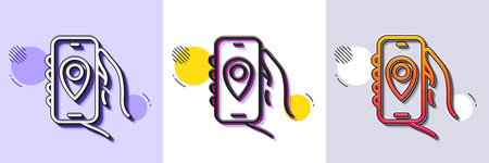 Location app line icon. Halftone dotted pattern. Gradient icon with grain shadow. Hand hold phone sign. Cellphone with screen notification symbol. Line location app icon. Various designs. Vectorのイラスト素材