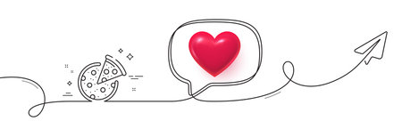 Pizza line icon. Continuous line with share plane. Italian food slice sign. Cheese fast food symbol. 3d heart in speech bubble. Pizza single line ribbon. Loop curve pattern. Vectorのイラスト素材