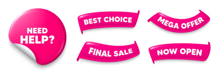Need help sticker, Sale offer ribbons. Best choice, Now open. Need help tag. Support service sign. Faq information symbol. Pink sticker tag. Flag ribbon banners. Discount offer banners. Vectorのイラスト素材