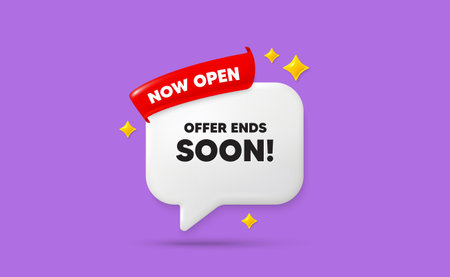 Offer ends soon ribbon speech bubble. Now open flag ribbon. Offer ends soon tag. Special offer price sign. Advertising discounts symbol. 3d sparkle stars speech bubble. Vectorのイラスト素材
