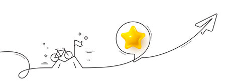 Mountain bike line icon. Continuous line with share plane. Outdoor bicycle transport sign. Sport activity symbol. 3d star in speech bubble. Mountain bike single line ribbon. Loop curve pattern. Vectorのイラスト素材