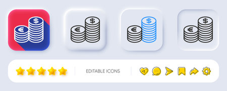 Coins money line icon. Neumorphic, Flat shadow, 3d buttons. Banking currency sign. Euro and Dollar Cash symbols. Line currency icon. Social media icons. Vectorのイラスト素材