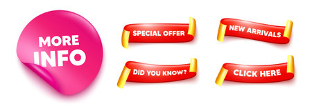 More info sticker, offer ribbons. New arrivals, Click here. More info tag. Navigation sign. Read description symbol. Pink sticker tag. Flag ribbon banners. Vectorのイラスト素材