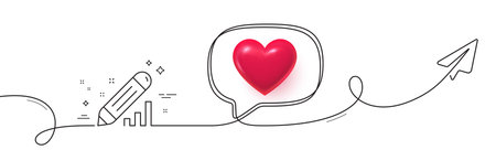 Edit statistics line icon. Continuous line with share plane. Pencil chart sign. Seo management symbol. 3d heart in speech bubble. Edit statistics single line ribbon. Loop curve pattern. Vectorのイラスト素材
