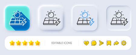 Solar panels line icon. Neumorphic, Flat shadow, 3d buttons. Electricity sun energy sign. Lightning...