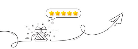 New year present line icon. Continuous line with share plane. Christmas gift box sign. Surprise symbol. Five star rate review in speech bubble. Gift single line ribbon. Loop curve pattern. Vectorのイラスト素材