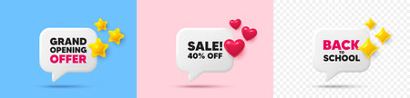 Sale chat speech bubble. 3d stars, sparkles, hearts chat bubbles. Sale 40 percent off discount....