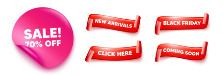 Sale sticker, offer ribbons. Black friday, coming soon. Sale 70 percent off discount. Promotion price offer sign. Retail badge symbol. Pink sticker tag. Flag ribbon banners. Vectorのイラスト素材