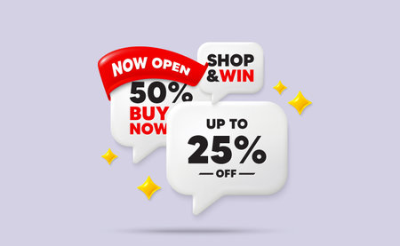 Discount tag speech bubbles. Now open flag ribbon. Up to 25 percent off sale. Discount offer price...