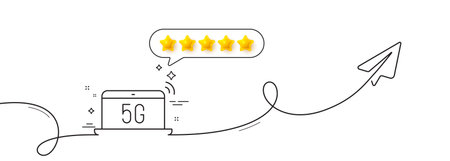5g notebook line icon. Continuous line with share plane. Wireless technology sign. Mobile wifi internet symbol. Five star rate review in speech bubble. 5g notebook single line ribbon. Vectorのイラスト素材