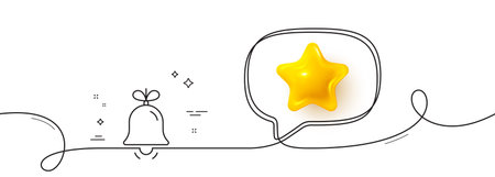 Christmas bell line icon. Continuous line with 3d star. New year tree decoration sign. 3d star in...