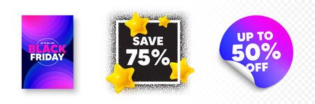 Discount photo frame 3d stars. Discount sticker banner. Save 75 percent off tag. Sale Discount offer price sign. Special offer symbol. Black friday poster. Promo background. Vectorのイラスト素材