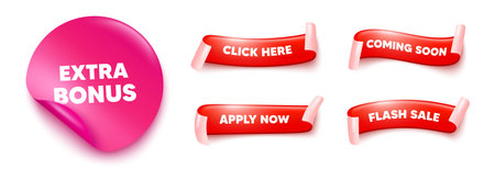 Extra bonus sticker, offer ribbons. Apply now, Flash sale. Extra bonus offer tag. Special gift promo sign. Sale promotion symbol. Pink sticker tag. Flag ribbon banners. Vectorのイラスト素材
