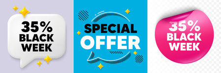 Black week speech bubble. 3d sparkles chat, Paper sticker. Black week 35 percent sale. Special discount sign. Black friday offer symbol. Special offer bubble. Halftone dots pattern. Vectorのイラスト素材