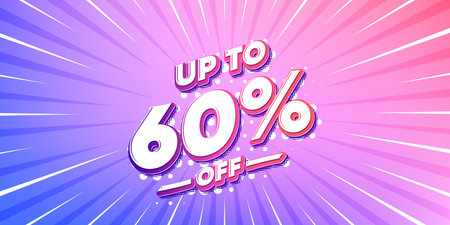 Discount tag sun rays gradient banner. Light burst background. Up to 60 percent off sale. Discount...